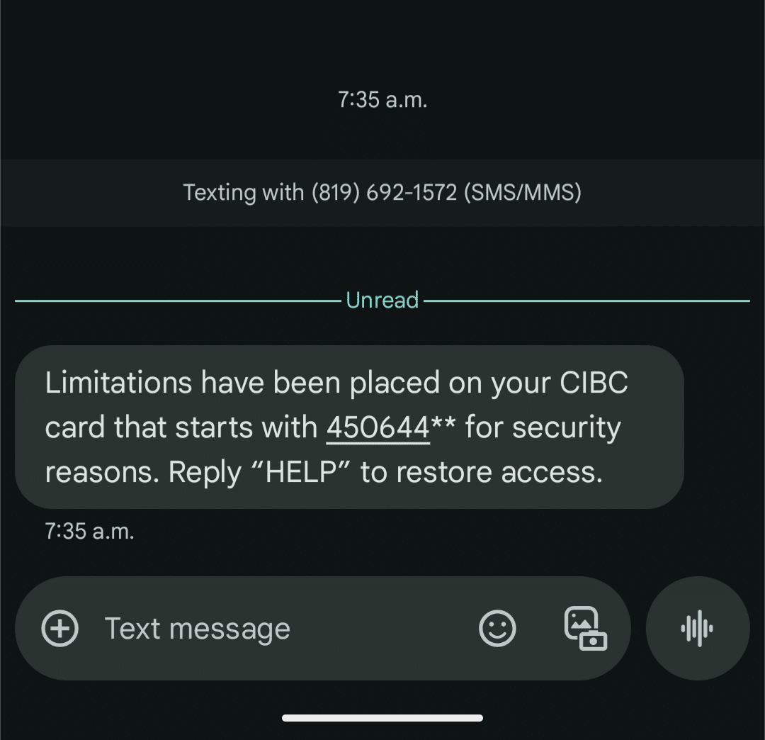 Text message that looks like it is from a bank, but it is not.